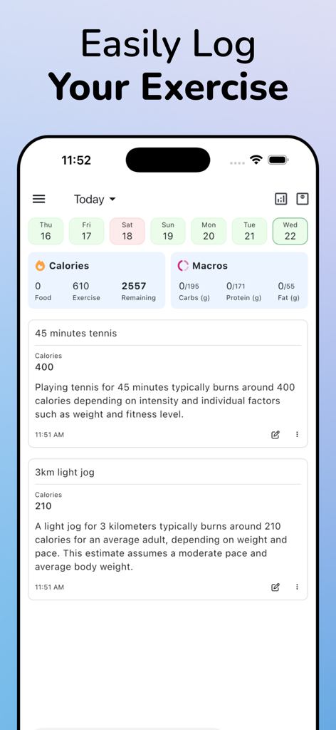 Journable — AI Calorie Counter - Journable app interface showing AI-calculated exercise logs for tennis and jogging