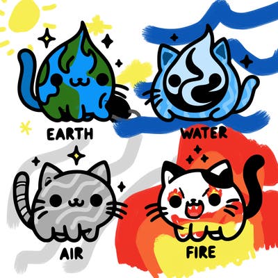 4 cats that represent the different elements, earth, water, air, and fire