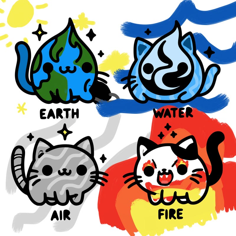 4 cats that represent the different elements, earth, water, air, and fire