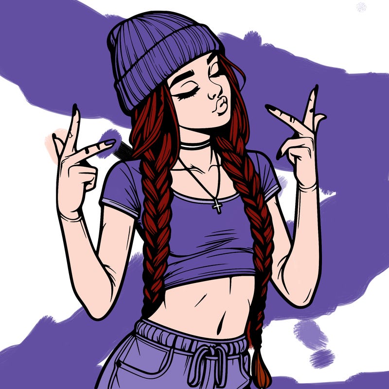 realistic teenage girl with braids and a beanie and crop top doing 🫶🏼