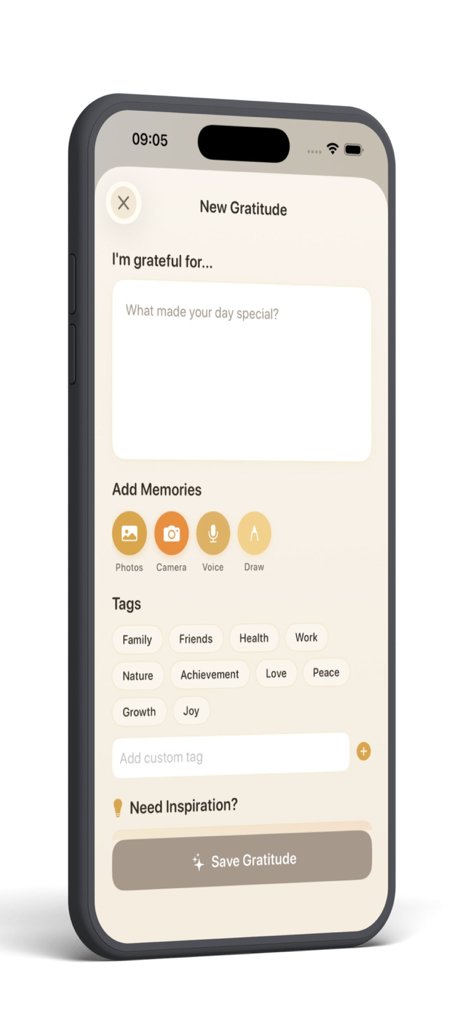 Interface for creating a new gratitude entry with text input multimedia attachments and category tags