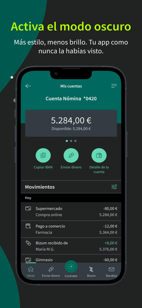 Ruralvía - Banca digital - Ruralvia banking app interface showing account balance and recent transactions in dark mode