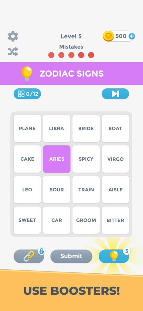 Connections Word Game - Gameplay-Bildschirm des Connections Wortspiels, der ein Puzzle-Raster mit dem Thema Sternzeichen zeigt.
