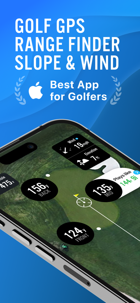 18Birdies: Golf GPS Tracker - 경사 및 바람 계산이 표시된 골프 GPS 거리 측정기인 18Birdies 앱 인터페이스