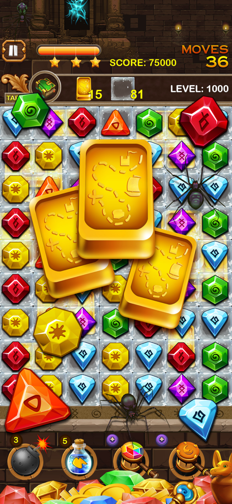 Jewel Ancient Treasure - Gameplay de Jewel Ancient Treasure montrant une grille de gemmes colorées, des lingots d'or et une interface sur le thème de l'Égypte ancienne