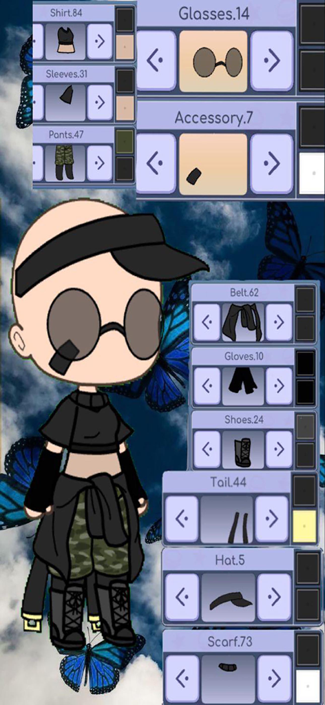 Funny Gacha : Outfit Ideas - Interfaz de personalización de personajes de Gacha con varias opciones de atuendo y accesorios