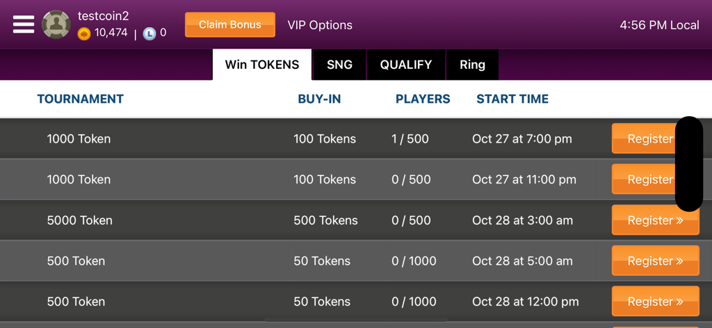 PlayNLOP - PlayNLOP mobile app interface showing a list of upcoming poker tournaments with token buy-ins and registration buttons