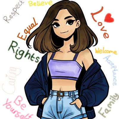 a realistic girl with a crop top and short shorts in an open jacket