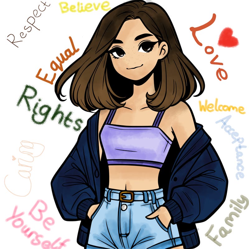 a realistic girl with a crop top and short shorts in an open jacket