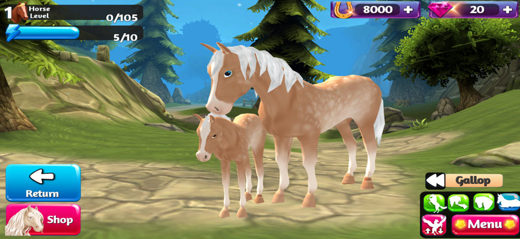 Um cavalo adulto 3D e um potro juntos num prado relvado no jogo móvel Horse Paradise