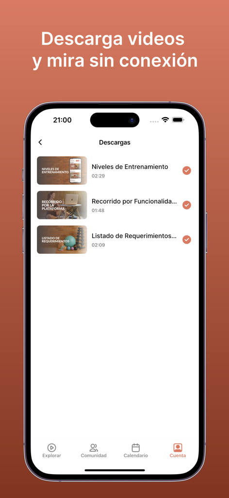 OsteoMujer - Interface de l'application OsteoMujer montrant une liste de vidéos d'exercices pour la santé des os téléchargées pour un accès hors ligne.