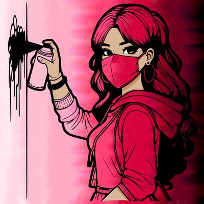 realistic girl with mask spray painting a wall