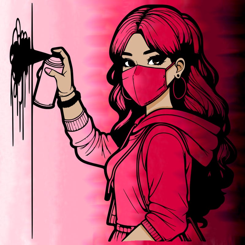 realistic girl with mask spray painting a wall