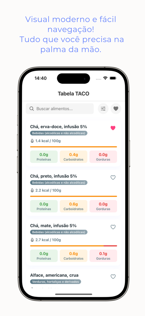 Taco Tabela - iPhone screenshot of the Taco Tabela app showing nutritional information like calories, protein, and carbs for different food items
