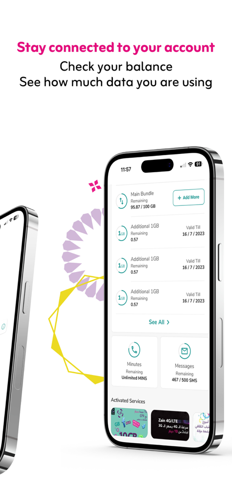 Captura de pantalla de la aplicación Zain Jo que muestra el saldo de uso de datos, minutos restantes y unidades de mensajes