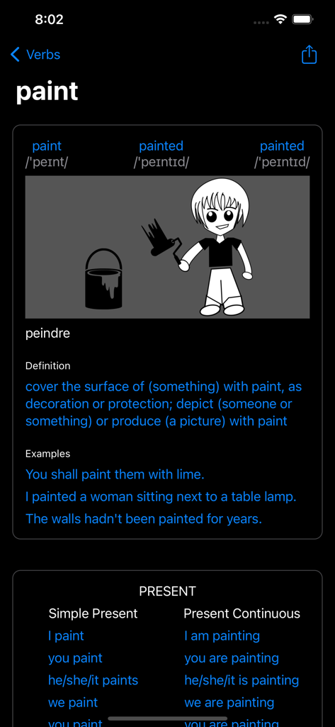 English Verbs - 英動詞アプリのスクリーンショットで、動詞「paint」の定義と現在形が表示されています。
