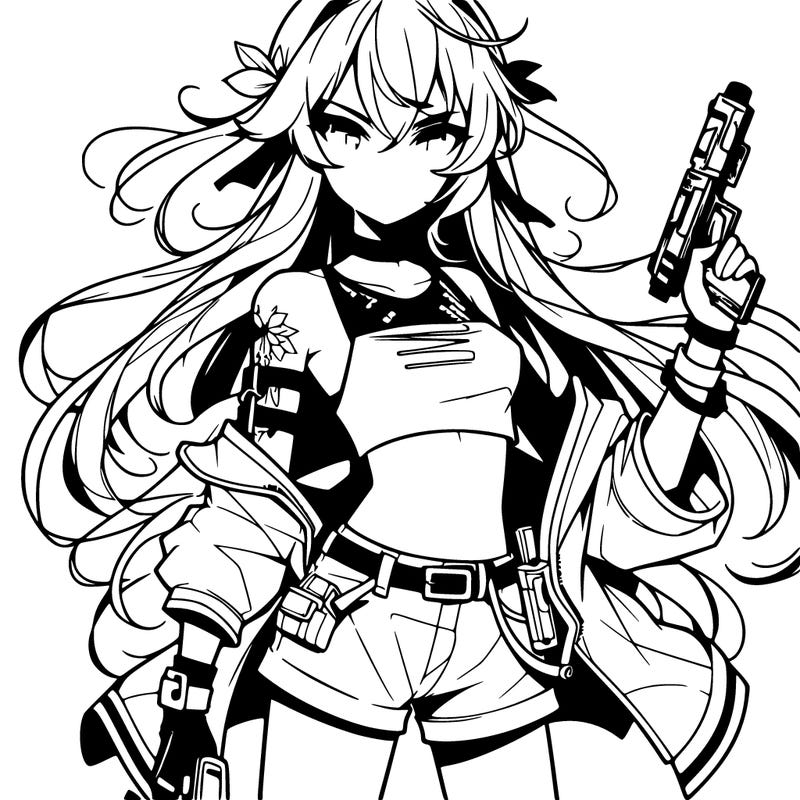 bad girl wearing crop top holding a gun long hair anime