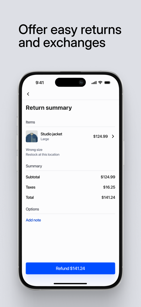 Shopify POSアプリの返品概要画面。商品詳細と返金ボタンが表示されています。