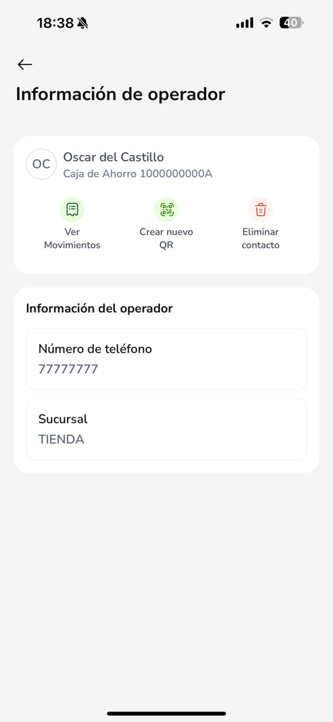 Pantalla de información del operador en la aplicación QRápido que muestra información de contacto y opciones de gestión para cobradores comerciales