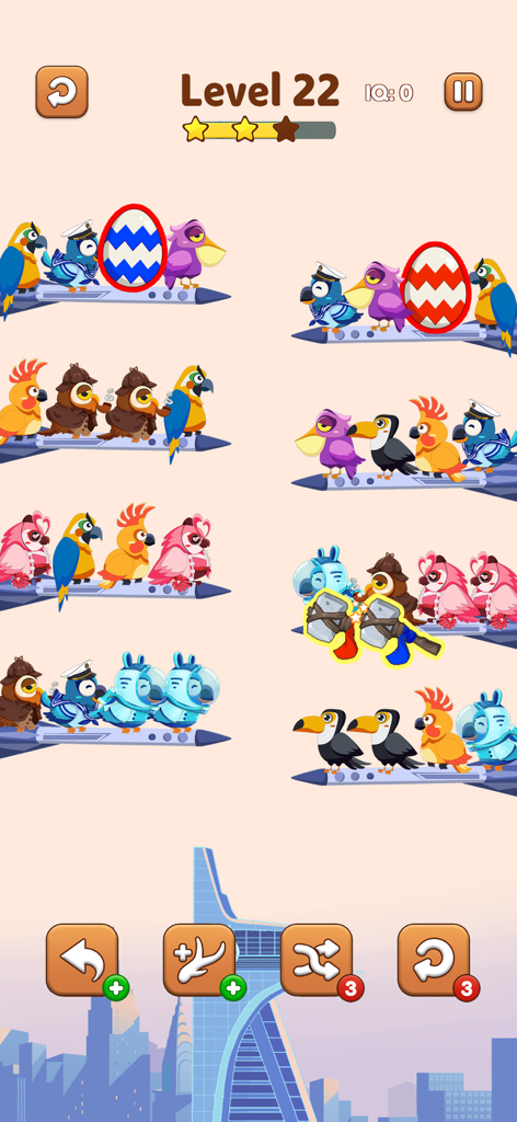 Bird Sort 2 Color Puzzle Game - A sorting puzzle level in Bird Sort 2 showing colorful birds and eggs on rocket branches