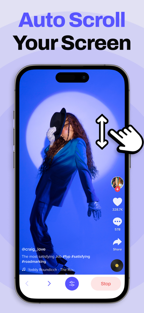 My Auto Clicker: Automatic Tap - iPhone screen demonstrating the auto scroll gesture feature for social media feeds