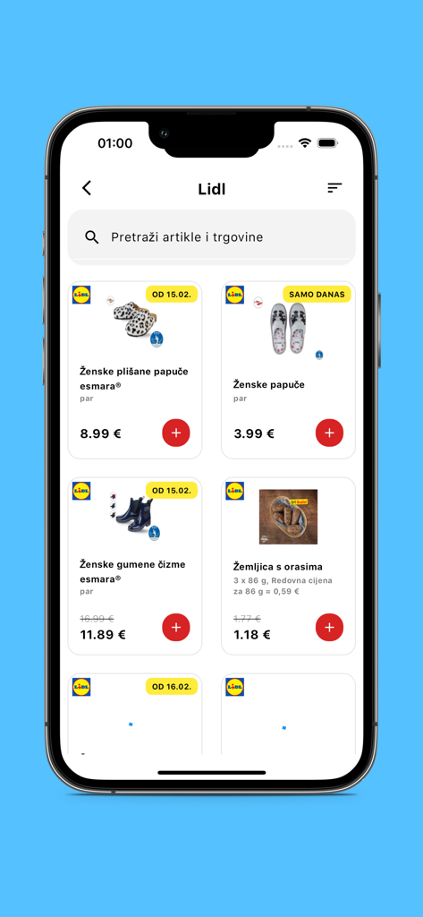 Mobile app screen showing various product discounts from Lidl including prices and deal dates.