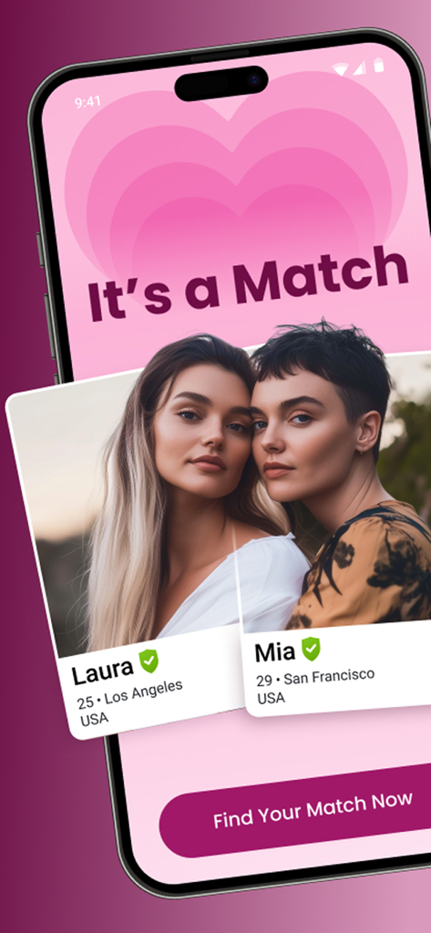 Screenshot of PinkCupid lesbian dating app showing a match between two verified profiles