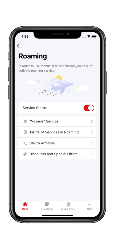 My-Viva - My-Viva app screen for managing roaming services including voyage service and call to Armenia options