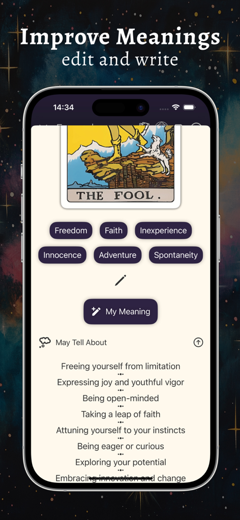 Tarot & Runes: Daily Readings - Interfaz para editar y agregar notas personales a las interpretaciones de cartas de tarot en la aplicación.