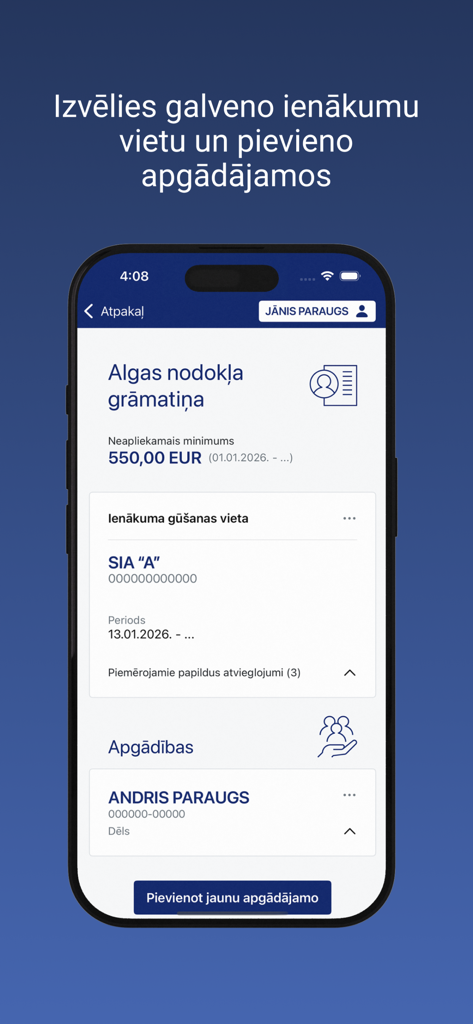 Mans VID - 税明細の詳細と扶養家族管理が表示されるMans VIDアプリのインターフェース。