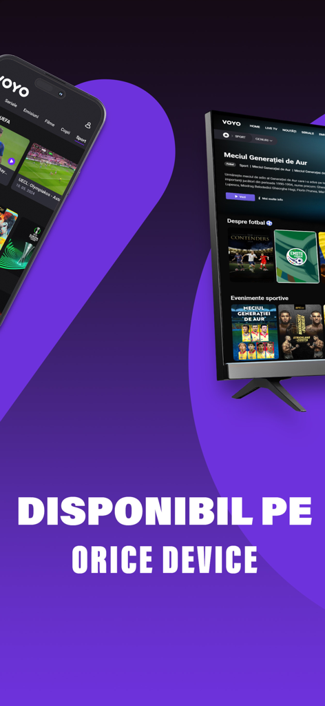 Voyo.ro - Voyo rumänische Streaming-App angezeigt auf einem Smartphone und Smart TV.