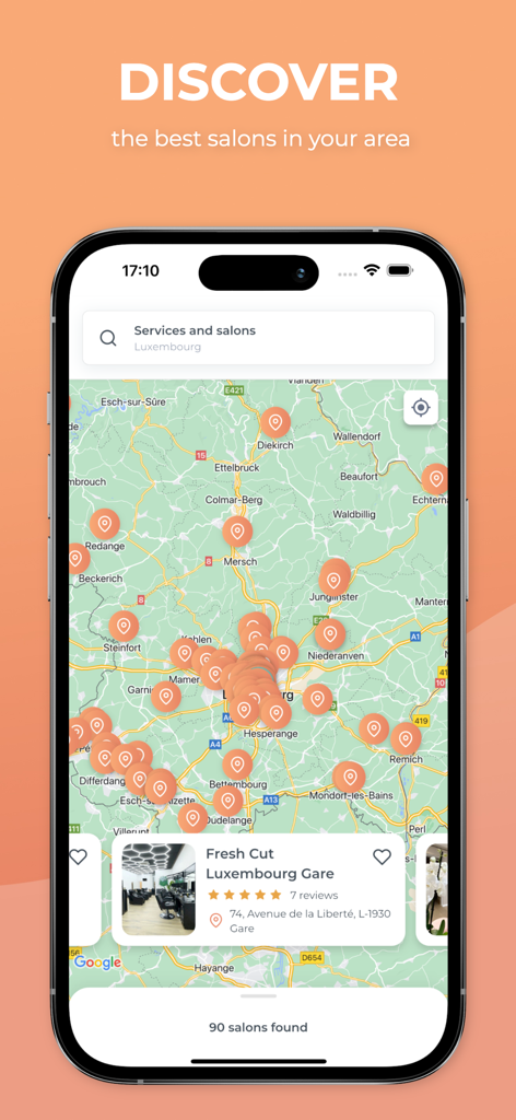 Salonkee: Find & Book Salons - Mappa dell'app Salonkee che mostra saloni e servizi di bellezza nelle vicinanze