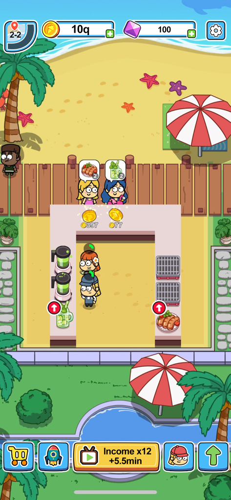 Idle Food Bar: Olivia & Oliver - A beachside food stall in the Idle Food Bar game with cute characters and palm trees