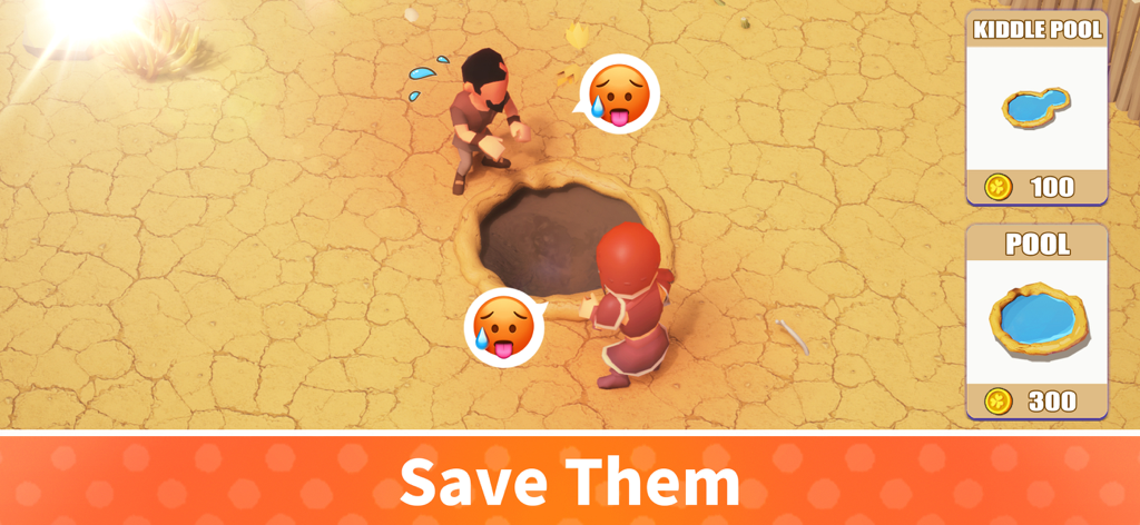 Two thirsty survivors in a desert environment needing a pool to stay cool in Survivor Island idle game