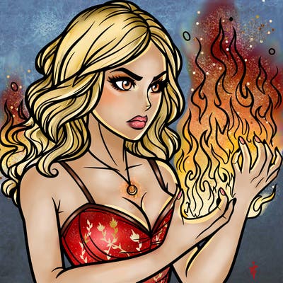 a realistic woman having the power of fire