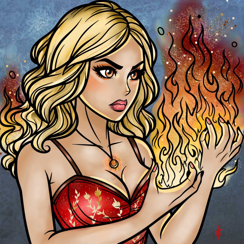 a realistic woman having the power of fire