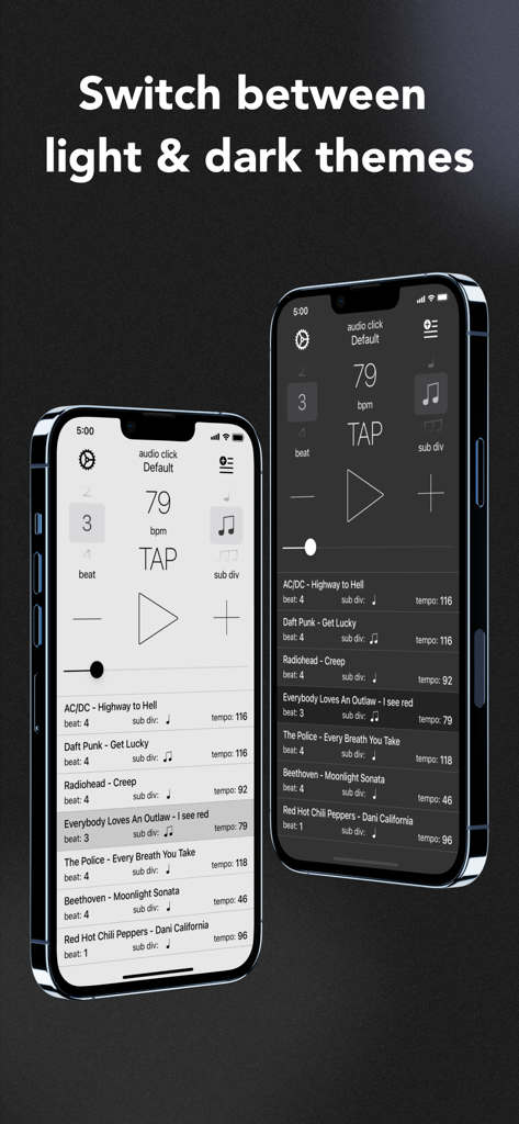 Metronome - Tempo & BPM - Screenshot of the Metronome app interface displaying both light and dark theme options on two smartphones.