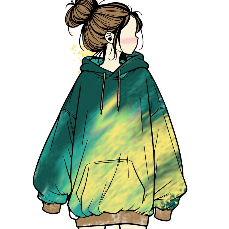 realistic girl with a oversized sweatshirt on and a bun