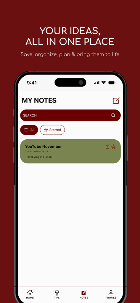 The notes management screen of My Creator App showing a saved YouTube travel vlog idea.