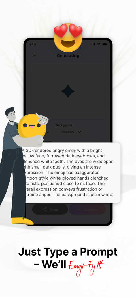 AI Emoji Maker. - A smartphone showing the AI Emoji Maker app generating a custom 3D emoji based on a detailed text description.