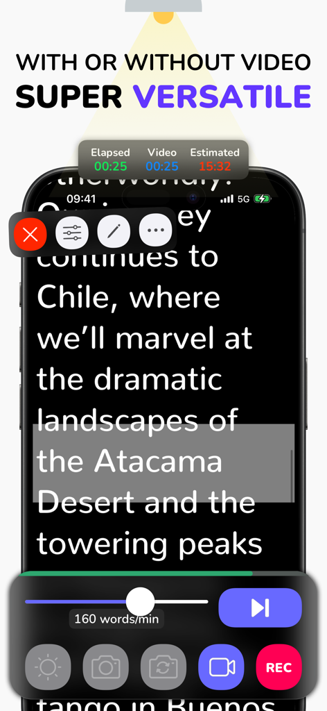 Teleprompter App - Autokue - Um smartphone mostrando a interface do teleprompter Autokue com um roteiro rolando e controles de gravação de vídeo