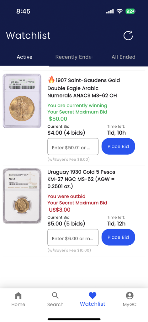 GreatCollections - GreatCollections app watchlist screen showing active gold coin auctions with current bid status