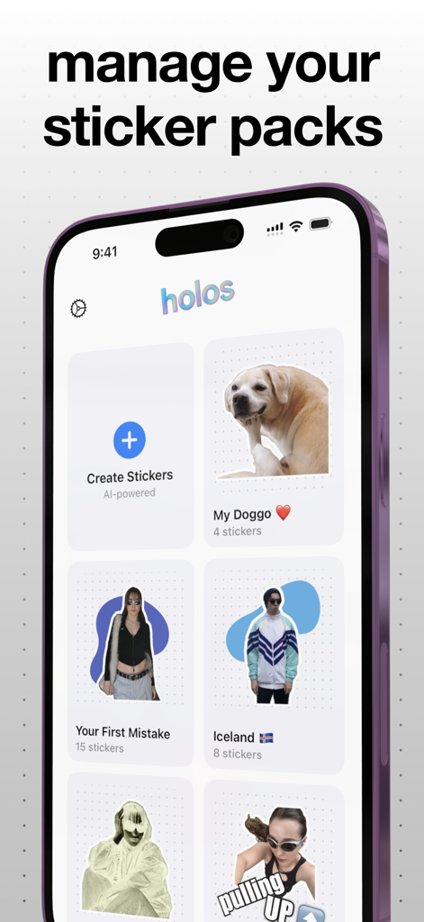 sticker maker - holos - Mobile app interface of holos sticker maker showing a collection of custom sticker packs on an iPhone