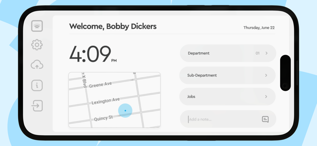 Fingercheck Time Clock - Pantalla de la aplicación Fingercheck Time Clock que muestra el registro de entrada del empleado con seguimiento de ubicación y selección de trabajo.