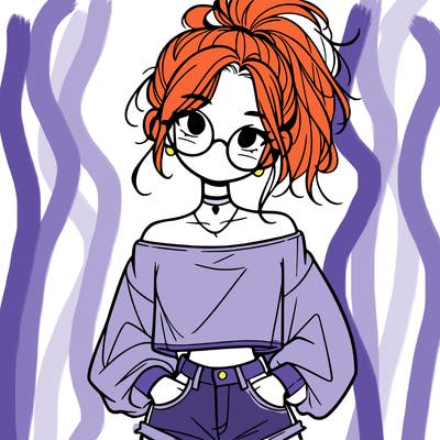 girl with a messy ponytail glasses a baggy crop top and jean shorts