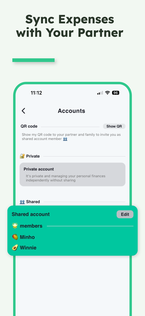 Interfaccia dell'app NomadWallet che mostra la funzione di account condiviso per sincronizzare le spese di viaggio con un partner.