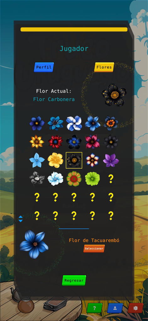 Pantalla de personalización de jugador en la app Truco Uruguayo que muestra una colección de iconos de flores desbloqueables para el perfil del juego.
