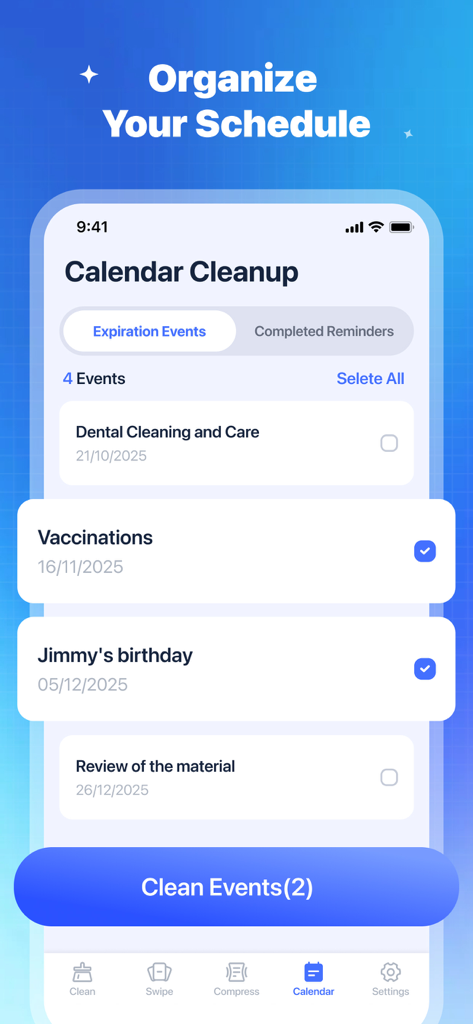 Interface of Fast Cleaner app showing the Calendar Cleanup feature to organize and delete old schedule events