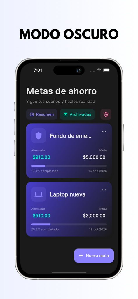 Objetivo de Ahorro - Interfaz de usuario de la aplicación Objetivo de Ahorro en modo oscuro mostrando metas de ahorro con barras de progreso para un fondo de emergencia y una laptop nueva.