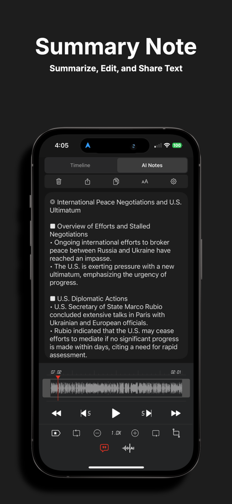 SoriNote PRO: Voice Recorder - iPhone screen of SoriNote PRO app showing AI summarization of a recorded voice note with audio controls